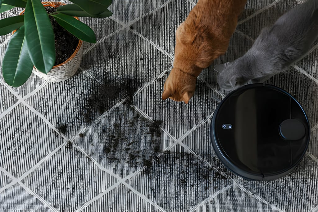 Robot aspirator curățând podeaua alături de două pisici în timpul sesiunii de curățenie