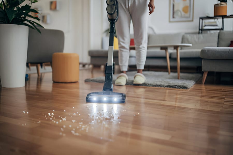 Aspirator vertical fără fir iluminând murdăria pe pardoseala de lemn.