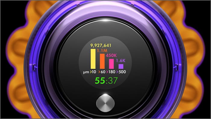 Ecran LCD al aspiratorului Dyson V15 Detect arătând statistici de particule