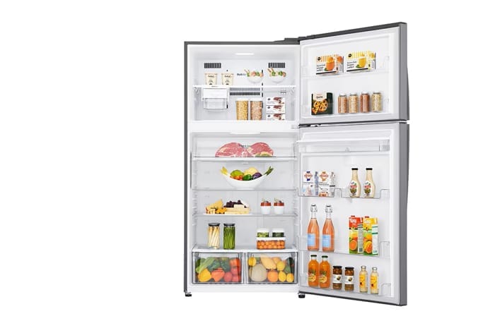 Interiorul frigiderului LG GTF916PZPYD complet deschis, arătând compartimentele și alimentele organizate