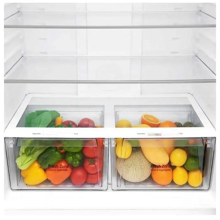 Sertarele Fresh Zone ale frigiderului LG GTF916PZPYD, pline cu fructe și legume