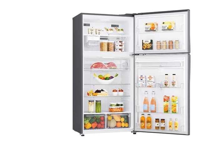 Frigiderul LG GTF916PZPYD deschis, arătând compartimentele și alimentele organizate