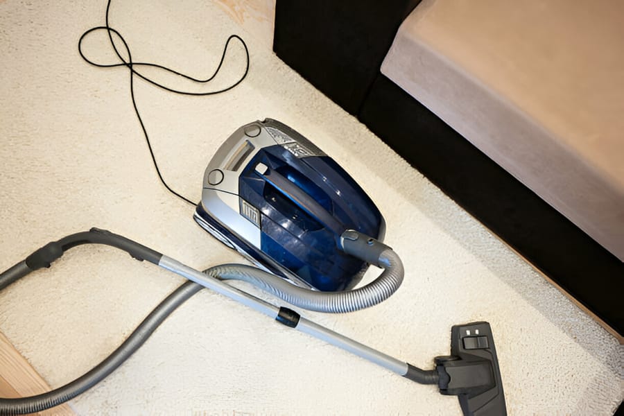 Aspirator fără sac albastru pe covor lângă canapea