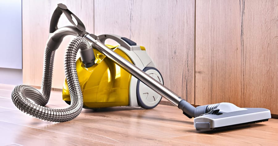 Aspirator fără sac galben pe podea de lemn