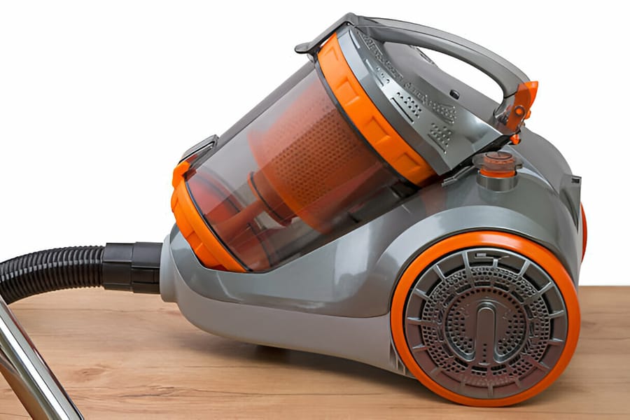 Aspirator fără sac modern, cu design portocaliu și gri