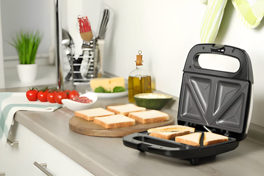 Sandwich maker pe blatul de bucătărie cu ingrediente pregătite