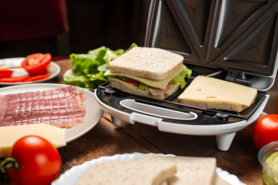 Sandwich maker deschis cu sandvișuri și ingrediente pe o masă