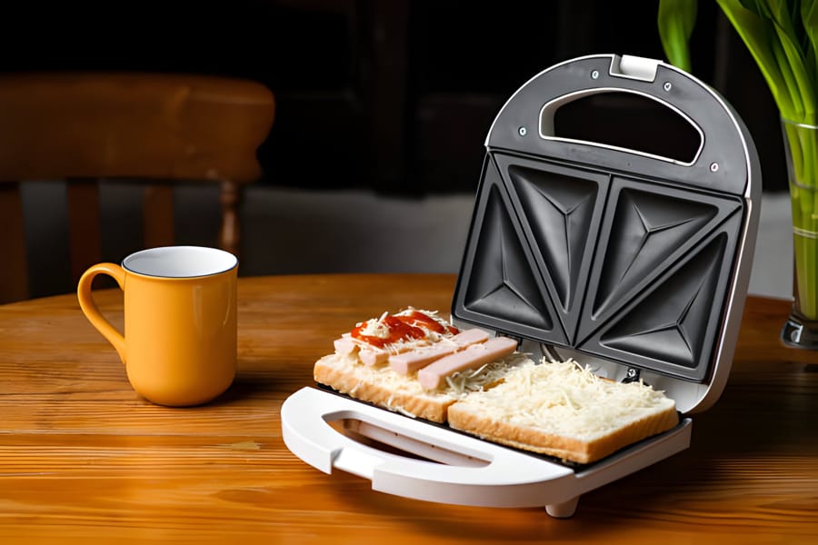 Sandwich maker deschis cu sandvișuri pregătite pe o masă de bucătărie
