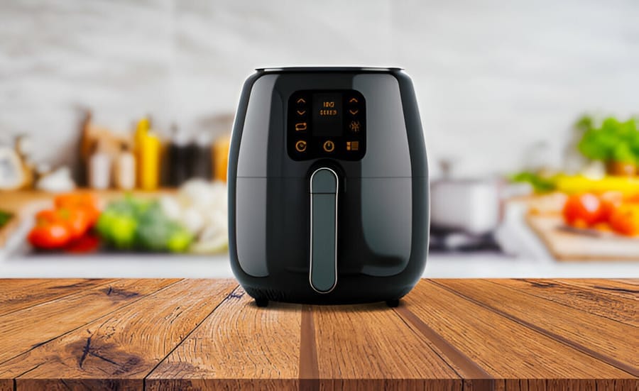 Air fryer modern negru pe un blat de bucătărie