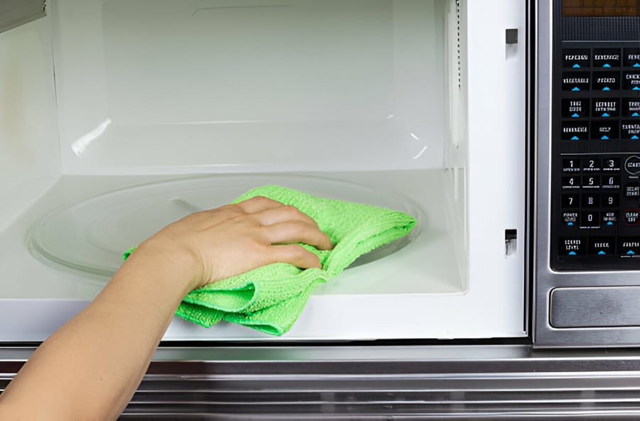 Curățarea unui cuptor cu microunde cu o cârpă verde.