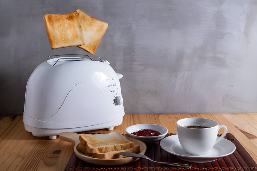 Prăjitor de pâine alb cu felii de pâine prăjite, alături de o ceașcă de cafea și gem