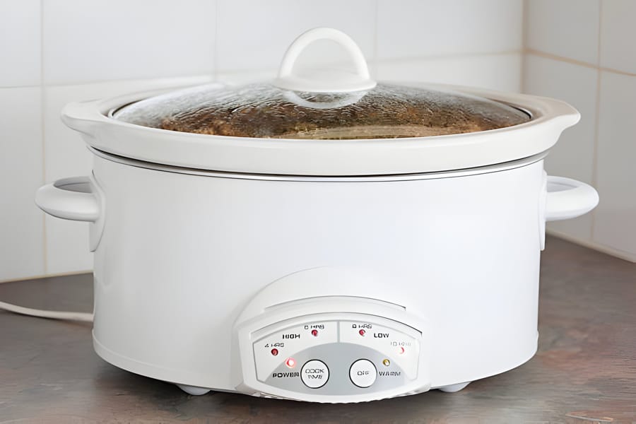 Slow cooker alb pe blat de bucătărie, gătind mâncare