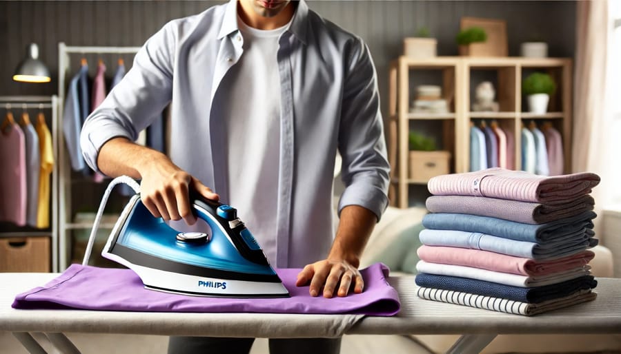 Persoană călcând un articol vestimentar mov cu un fier de călcat modern Philips