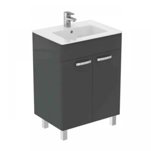 Bază lavoar gri lucios pe pardoseală, 60x44 cm, cu două uși