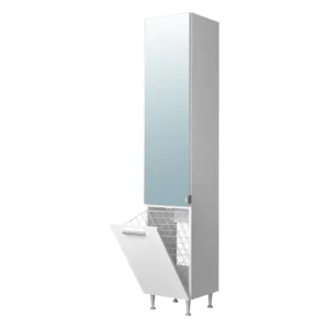 Dulap de baie alb cu oglindă și coș de rufe, ideal pentru organizarea eficientă