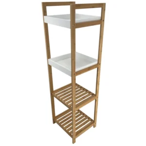 Etajeră pentru baie din bambus, cu patru rafturi, montaj pe pardoseală, ideală pentru depozitarea prosoapelor și produselor de igienă.