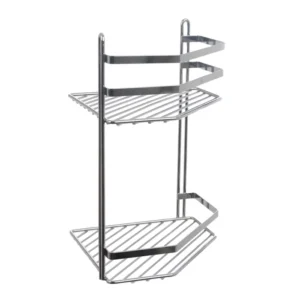 Etajeră din inox pentru baie, cu două rafturi și montaj pe colț, ideală pentru organizarea eficientă a produselor de igienă personală.