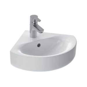 Lavoar de colț alb cu montaj pe blat pentru băi mici