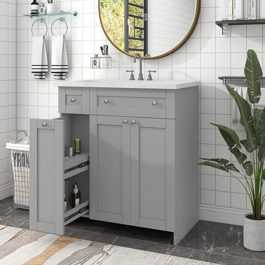 Mască pentru lavoar baie cu spațiu de depozitare integrat.