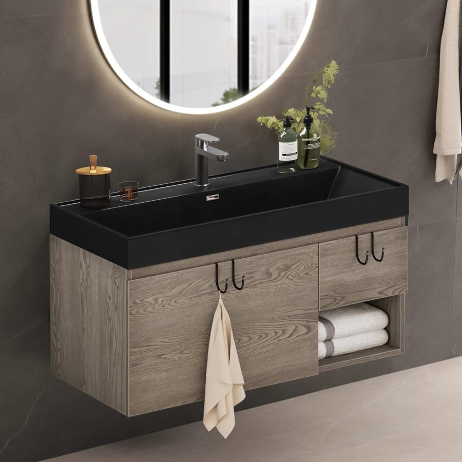 Mască lavoar baie cu design modern în nuanțe de lemn și negru