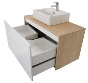 Masca lavoar suspendată MDF, finisaj fag, 90 cm, cu două sertare