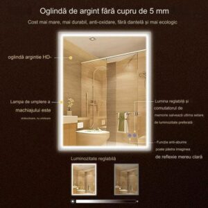 Oglindă LED pentru baie cu funcție de dezaburire și ceas integrat, dimensiuni 70x50 cm