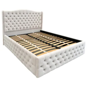 Pat matrimonial modern cu spațiu de depozitare și somieră rabatabilă.