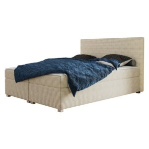 Pat matrimonial compact 140x200 cm cu saltea inclusă și finisaj bej deschis.