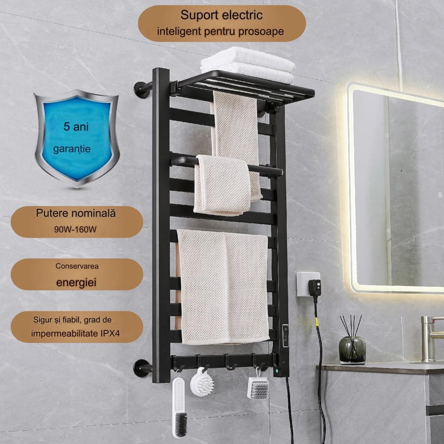 Radiator port prosop electric inteligent, de culoare neagră, montat pe peretele unei băi, cu prosoape și accesorii
