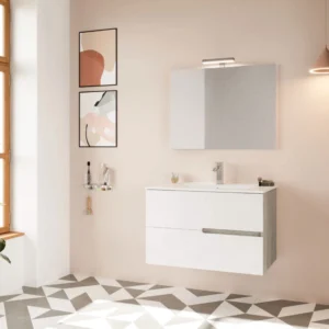 Set mobilier de baie suspendat alb cu lavoar și oglindă cu LED