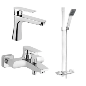 Set complet de baterii pentru baie FERRO Square & Quadro cu baterie lavoar, baterie cadă-duș și set de duș cu funcție de ploaie