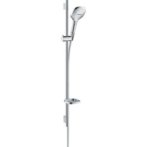 Set de duș Hansgrohe Raindance Select E 120 montat într-o baie modernă, cu para de duș de 120 mm și bara ajustabilă.