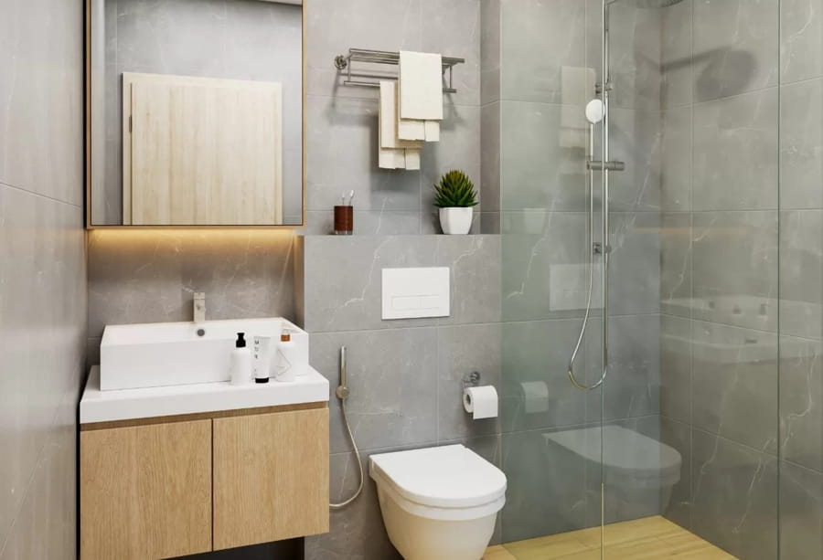 Baie modernă cu vas WC suspendat și cabină de duș, design minimalist