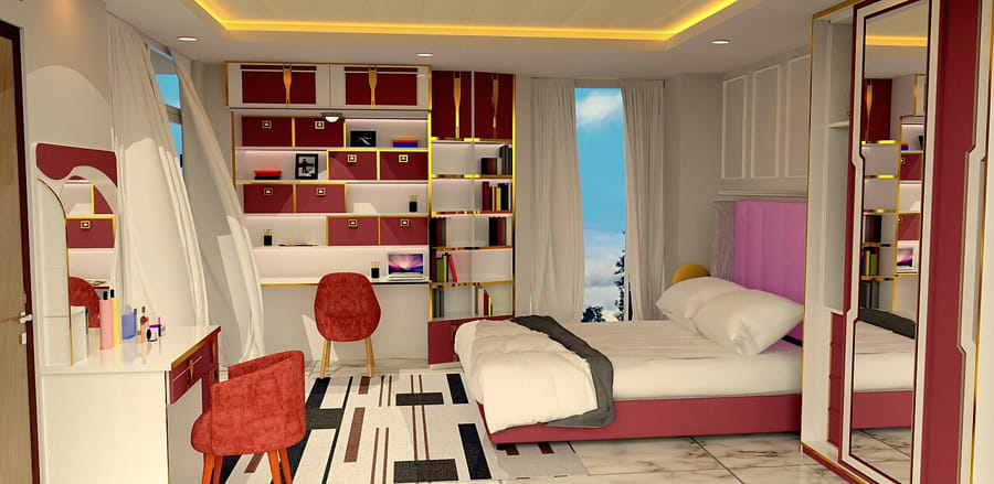 Cameră pentru copii cu paturi pentru copii, decorată elegant în nuanțe de roșu și alb