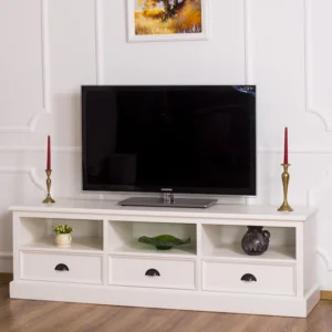 Comodă TV din lemn masiv cu 3 sertare și 3 spații deschise, alb patinat