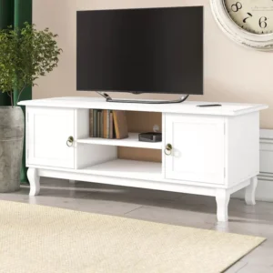 Comodă TV din MDF alb cu picioare din lemn de pin, 2 dulapuri și 2 rafturi