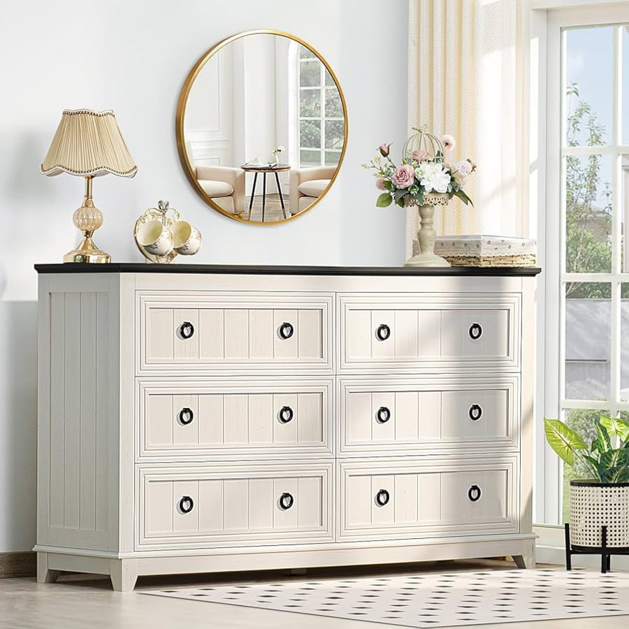 Comodă elegantă cu 6 sertare pentru living, design clasic alb și negru