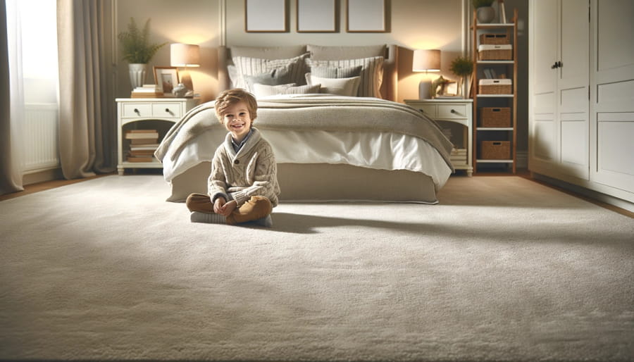 Copil așezat pe un covor moale într-un dormitor modern și confortabil