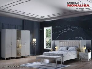 Set mobilier dormitor modern alb lucios cu pat, dulap și noptiere