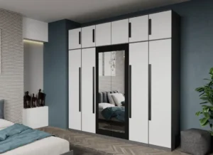 Dulap Dallas alb cu gri și oglindă, 6 uși, dimensiuni 246,4x240,3 cm.