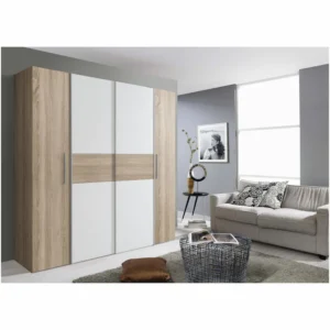 Dulap de dormitor cu uși culisante Kring York, stejar nisipiu și alb, 200x190x62 cm.