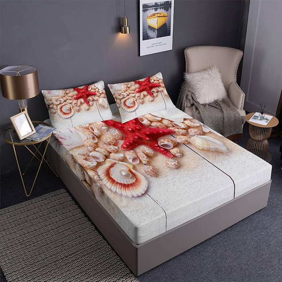 Lenjerie de pat cu imprimeu marin și stea de mare roșie