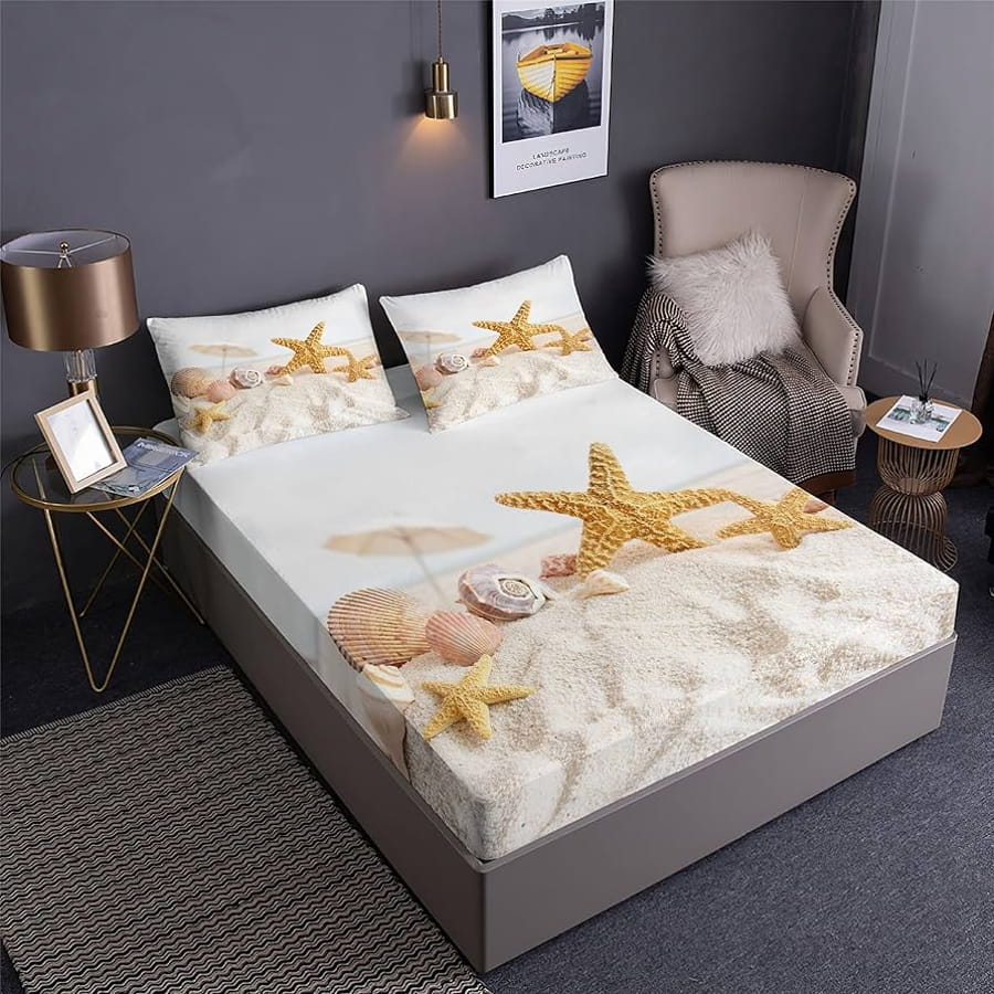 Lenjerie de pat cu design marin, scoici și stele de mare