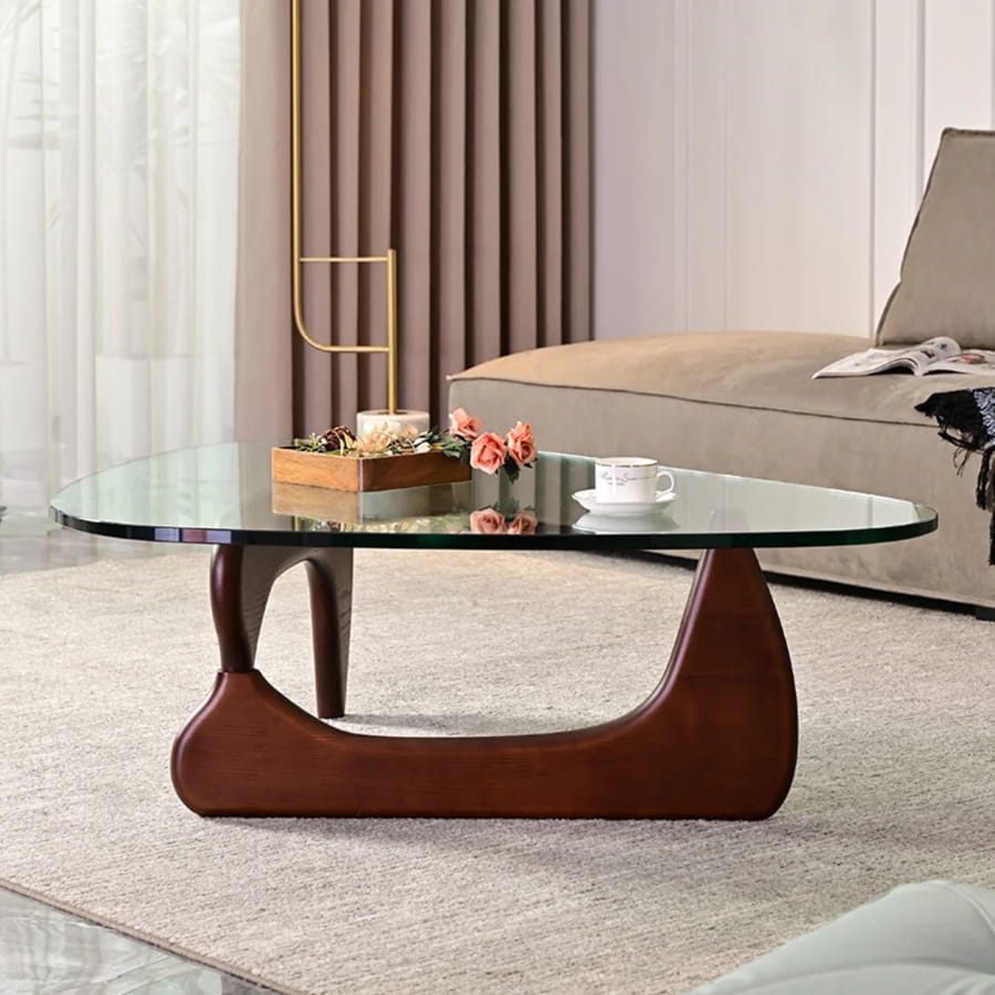 Măsuță de cafea cu blat din sticlă și bază din lemn, design modern și elegant