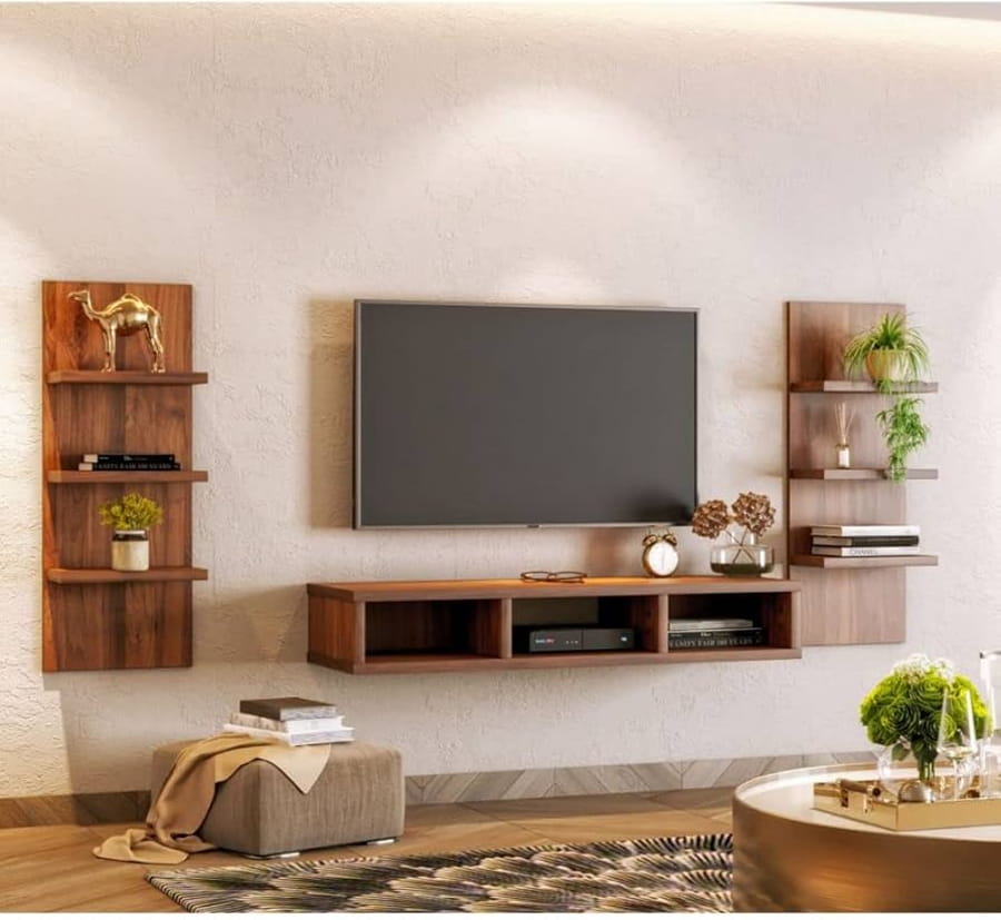 Mobilă TV suspendată din lemn pentru living, cu rafturi laterale și decor modern
