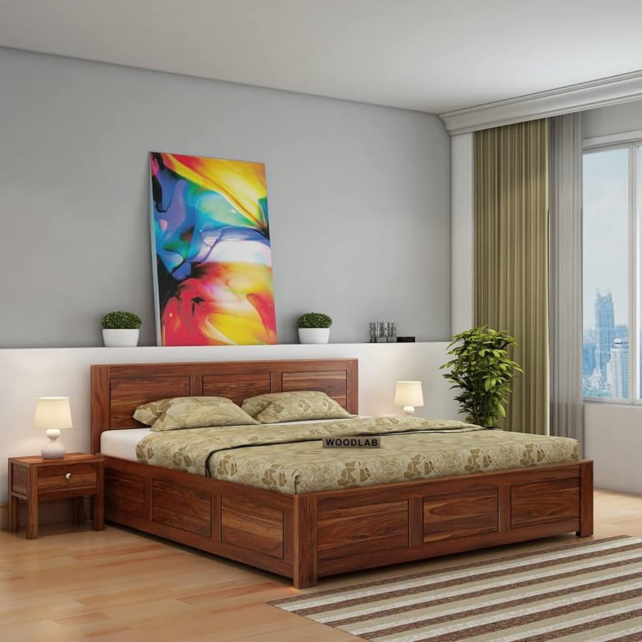 Pat matrimonial din lemn masiv cu design clasic și sertare de depozitare