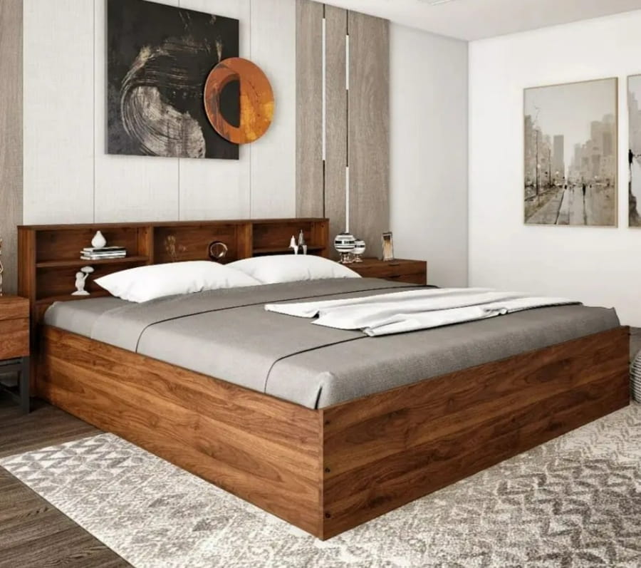 Pat matrimonial din lemn cu rafturi de depozitare integrate în tăblie