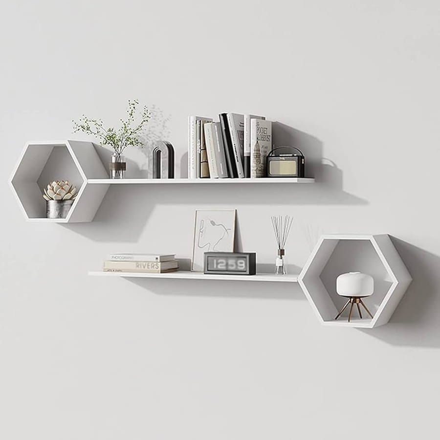 Rafturi decorative perete în formă hexagonală, albe, pentru decor modern