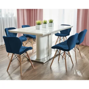 Scaun dining albastru, tapitat cu catifea, picioare din lemn de fag