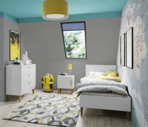 Set mobilier dormitor alb scandinav cu pat, noptieră și comodă